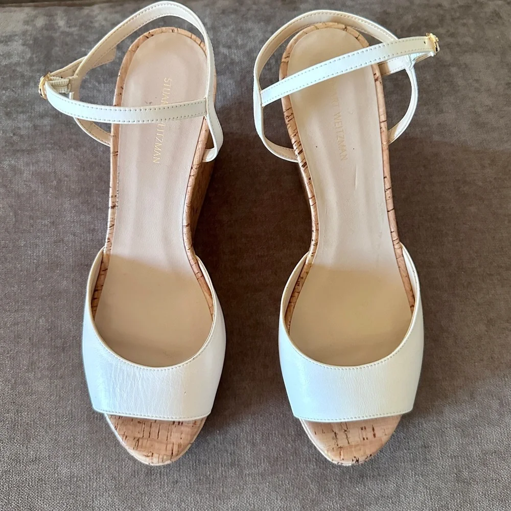 Stuart Weitzman Beige Leather Buckle Strappy Wedge Sandals Women EU 39 US 9 - Picture 3 of 12